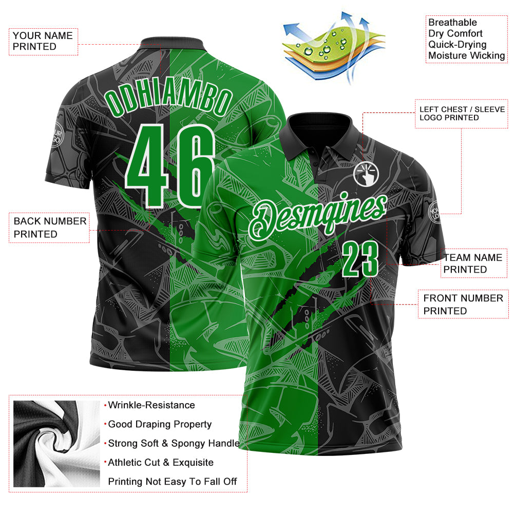 Custom Graffiti Pattern Grass Green Black-White 3D Scratch Performance Polo Shirt