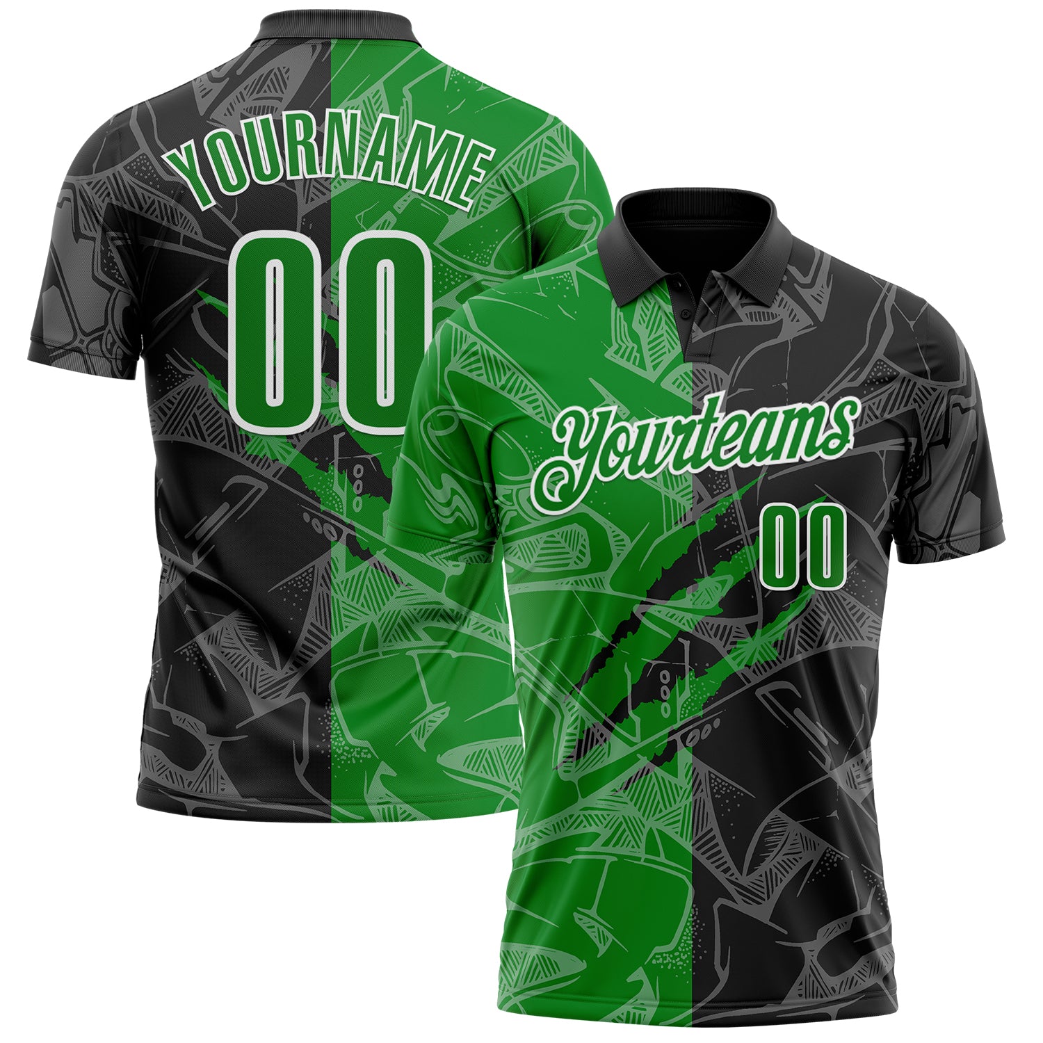 Custom Graffiti Pattern Grass Green Black-White 3D Scratch Performance Polo Shirt