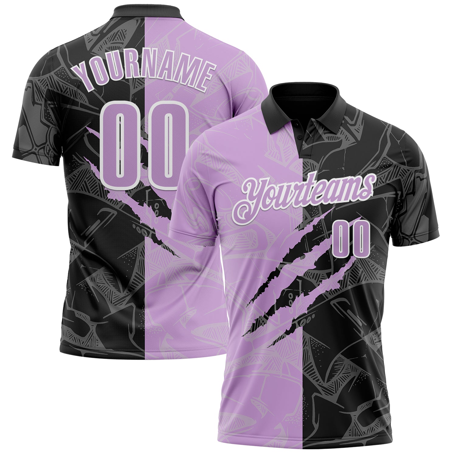 Custom Graffiti Pattern Light Purple Black-White 3D Scratch Performance Polo Shirt