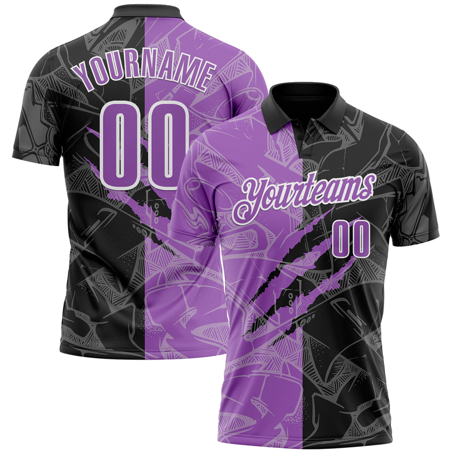 Custom Graffiti Pattern Medium Purple Black-White 3D Scratch Performance Polo Shirt