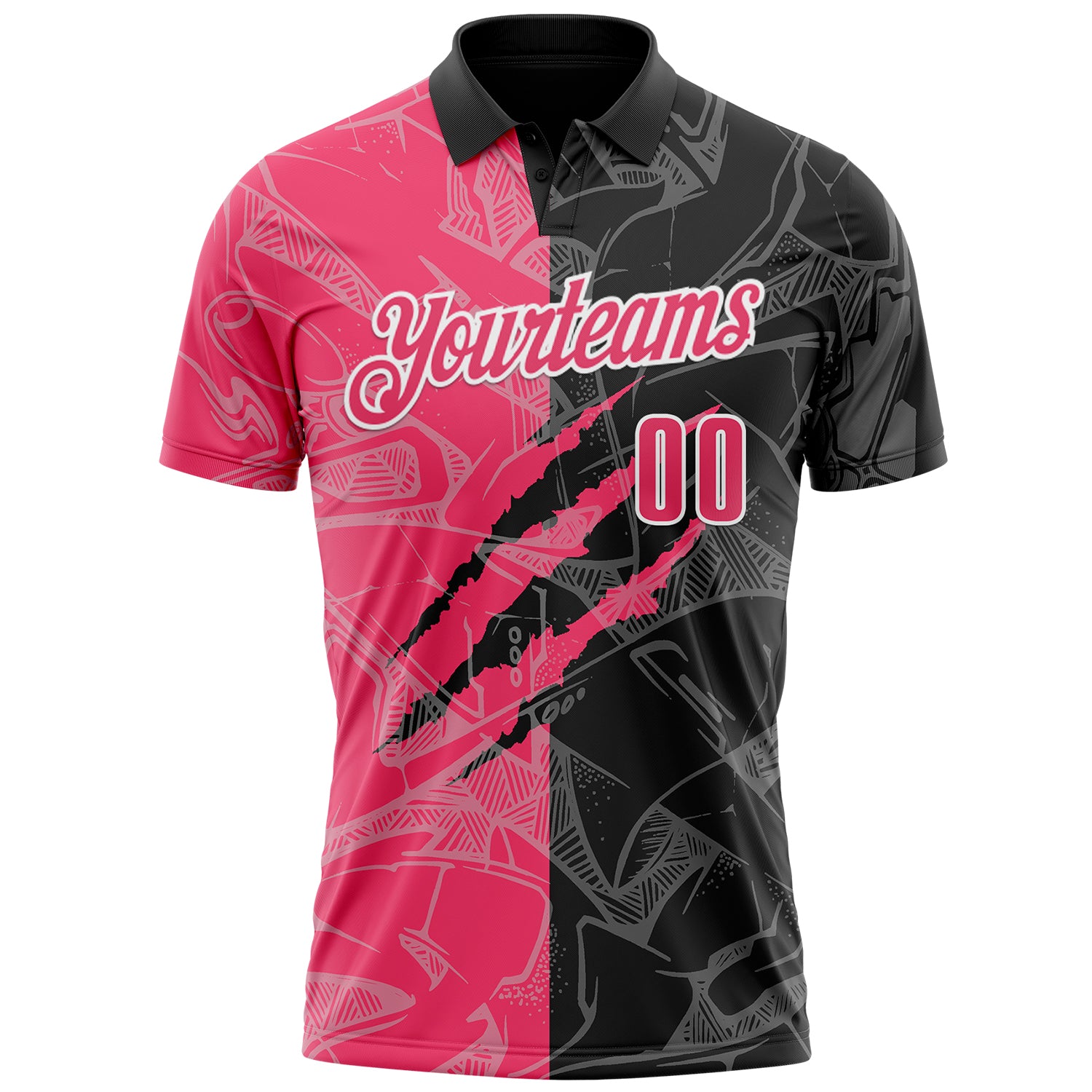 Custom Graffiti Pattern Neon Pink Black-White 3D Scratch Performance Polo Shirt
