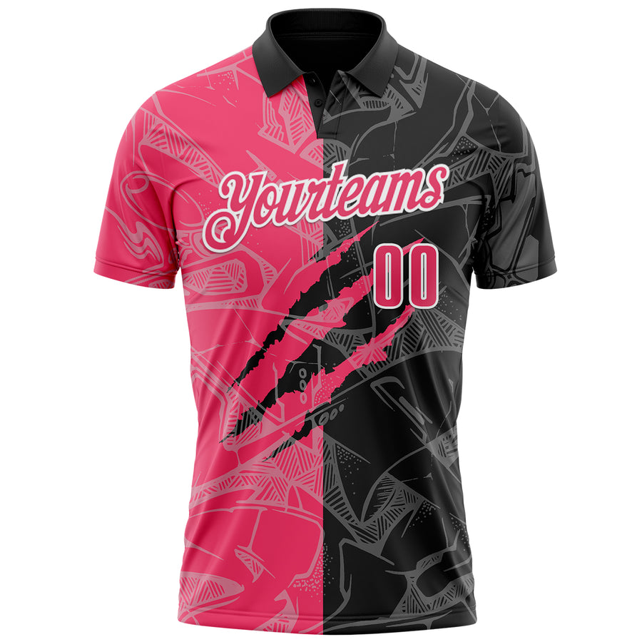 Custom Graffiti Pattern Neon Pink Black-White 3D Scratch Performance Polo Shirt