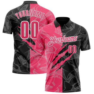 Custom Graffiti Pattern Neon Pink Black-White 3D Scratch Performance Polo Shirt