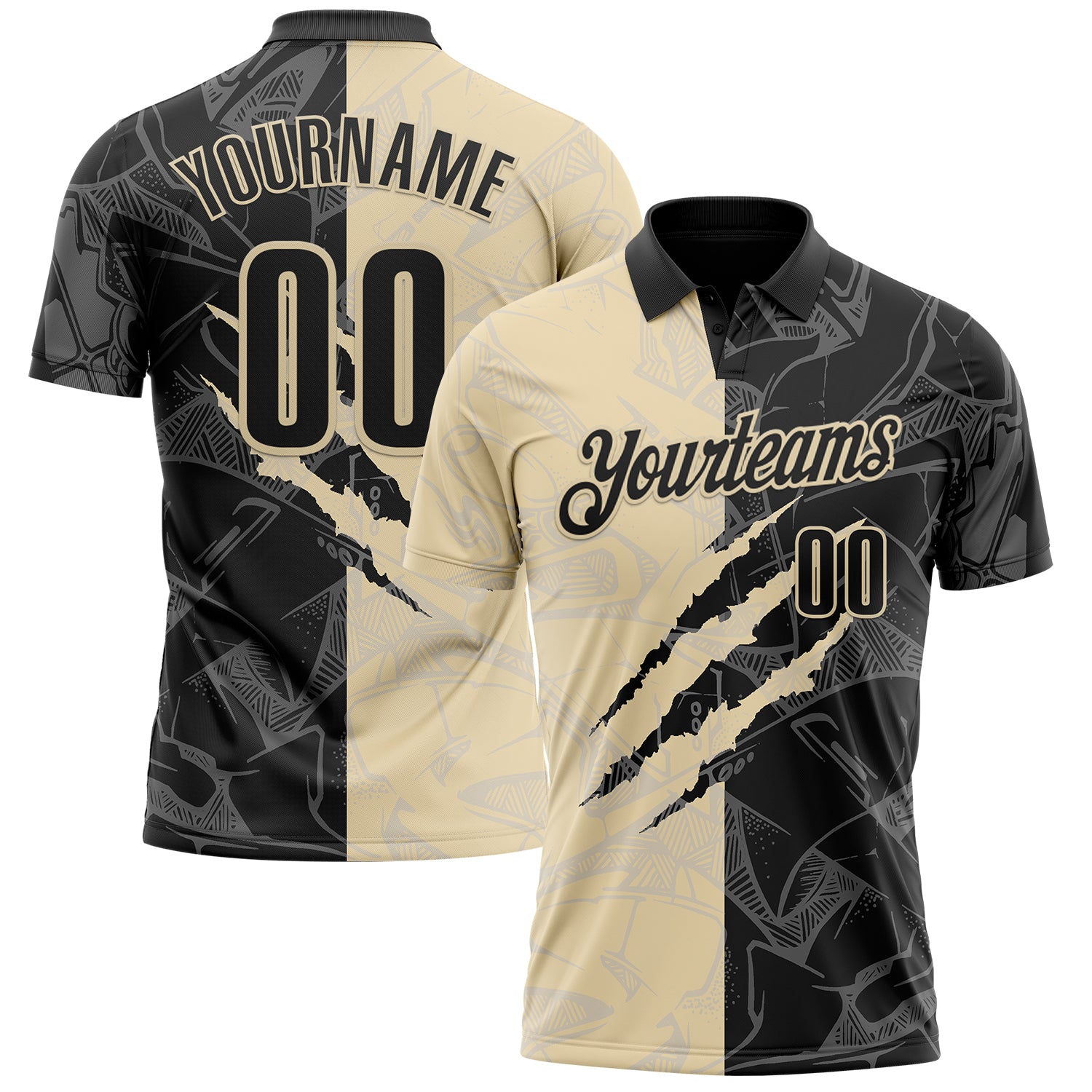 Custom Graffiti Pattern Black-Cream 3D Scratch Performance Polo Shirt