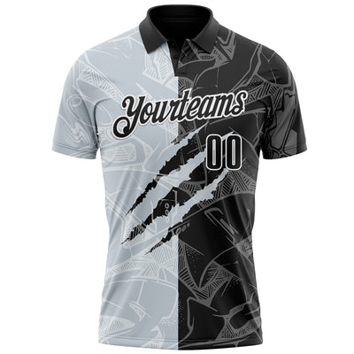 Custom Graffiti Pattern Black Silver-White 3D Scratch Performance Polo Shirt