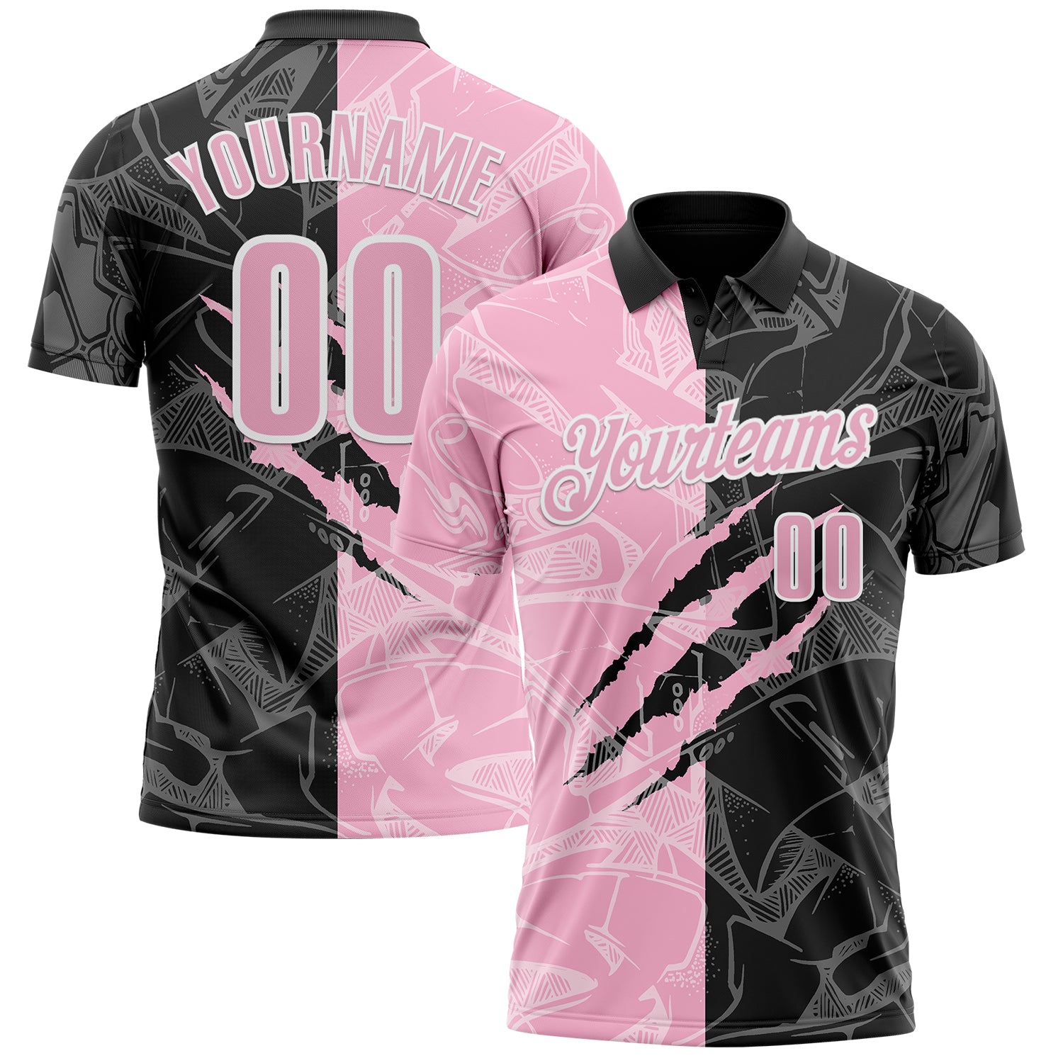 Custom Graffiti Pattern Light Pink Black-White 3D Scratch Performance Polo Shirt