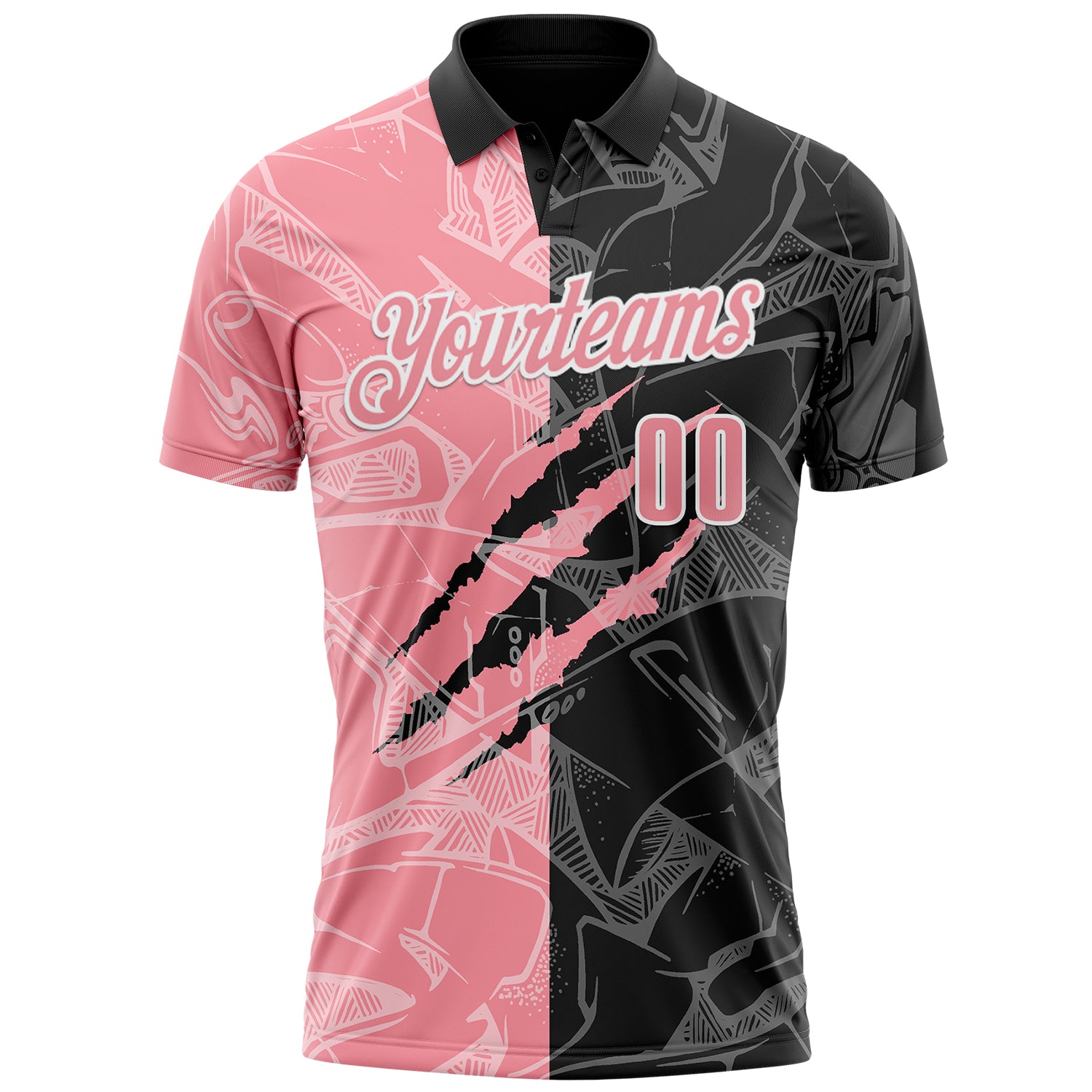 Custom Graffiti Pattern Medium Pink Black-White 3D Scratch Performance Polo Shirt