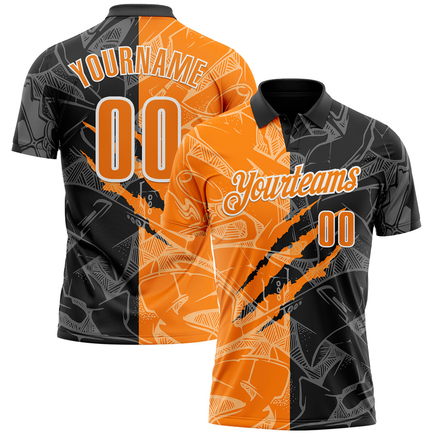 Custom Graffiti Pattern Bay Orange Black-White 3D Scratch Performance Polo Shirt