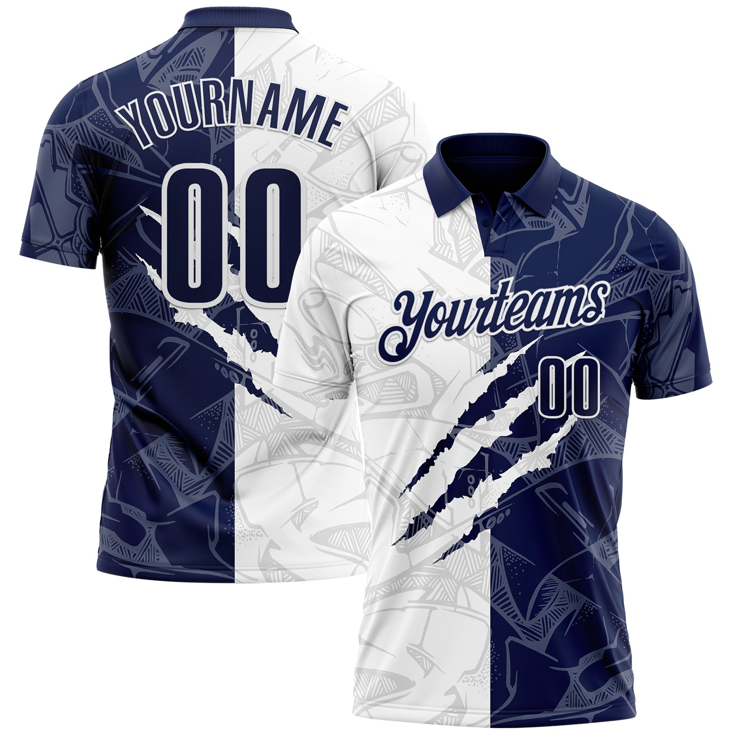 Custom Graffiti Pattern Navy-White 3D Scratch Performance Polo Shirt