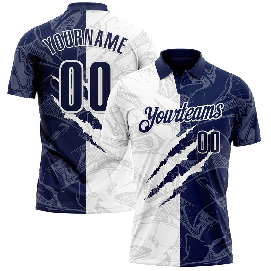 Custom Graffiti Pattern Navy-White 3D Scratch Performance Polo Shirt