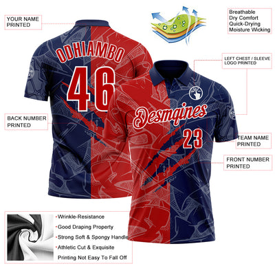 Custom Graffiti Pattern Red Navy-White 3D Scratch Performance Polo Shirt