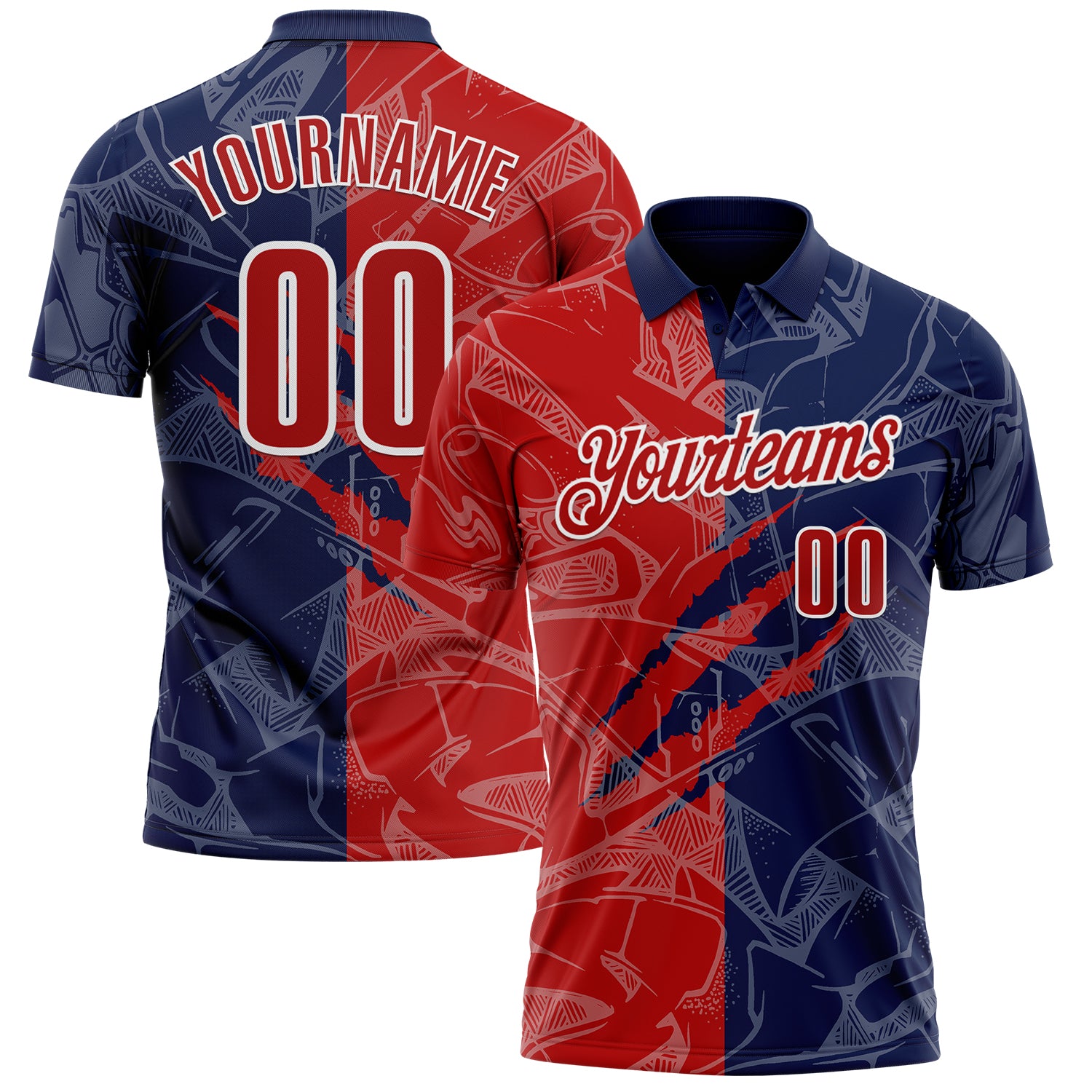 Custom Graffiti Pattern Red Navy-White 3D Scratch Performance Polo Shirt