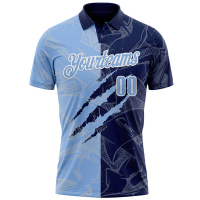 Custom Graffiti Pattern Light Blue Navy-White 3D Scratch Performance Polo Shirt