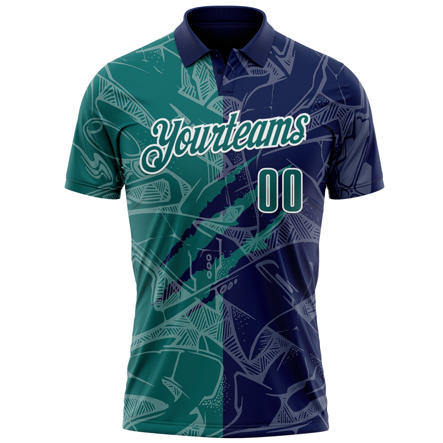 Custom Graffiti Pattern Teal Navy-White 3D Scratch Performance Polo Shirt