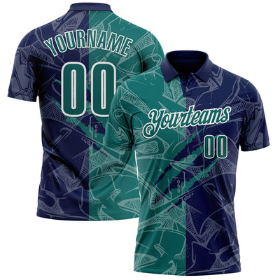 Custom Graffiti Pattern Teal Navy-White 3D Scratch Performance Polo Shirt