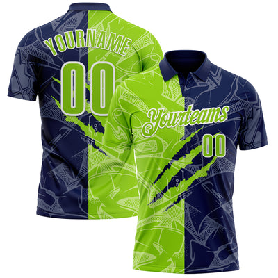 Custom Graffiti Pattern Neon Green Navy-White 3D Scratch Performance Polo Shirt