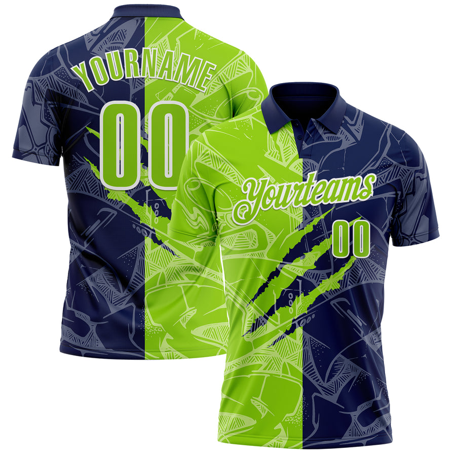 Custom Graffiti Pattern Neon Green Navy-White 3D Scratch Performance Polo Shirt