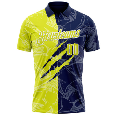 Custom Graffiti Pattern Neon Yellow Navy-White 3D Scratch Performance Polo Shirt