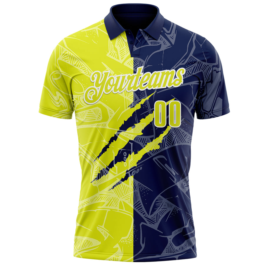 Custom Graffiti Pattern Neon Yellow Navy-White 3D Scratch Performance Polo Shirt
