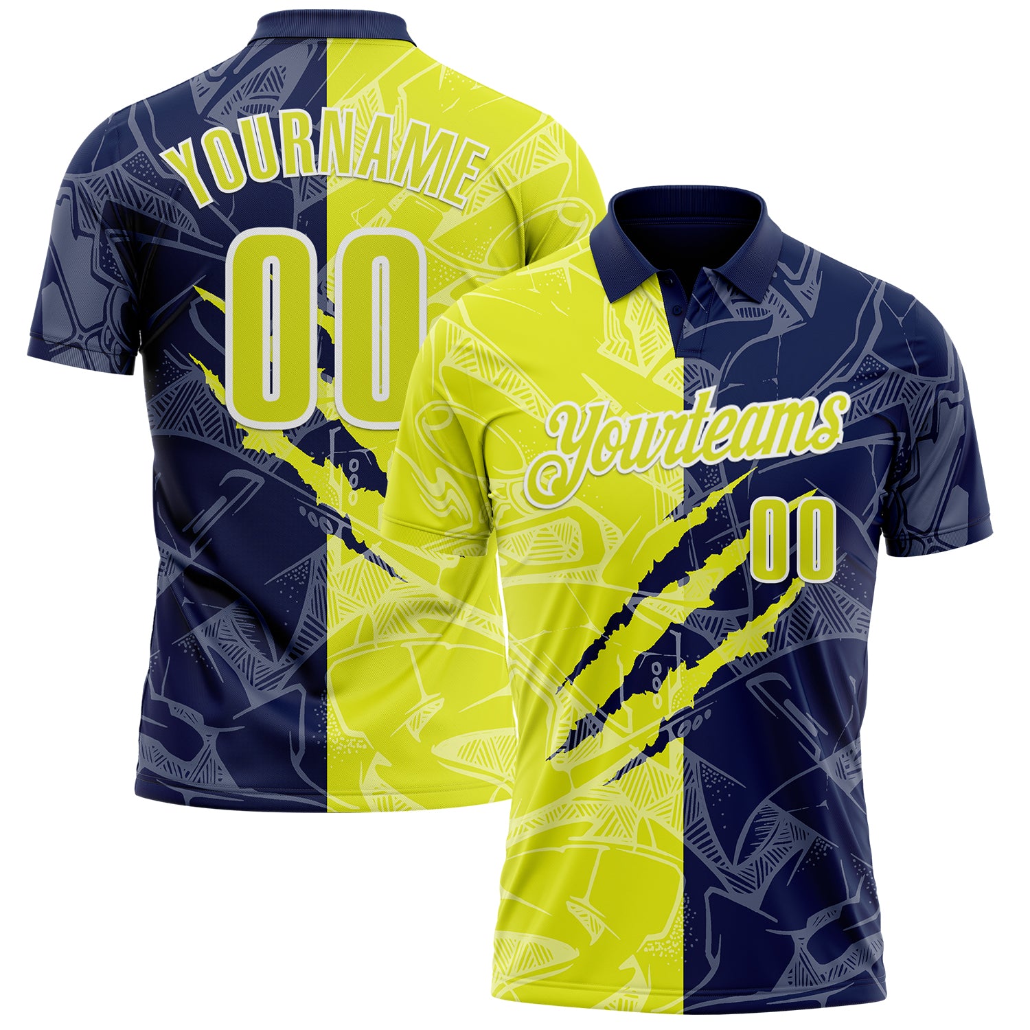 Custom Graffiti Pattern Neon Yellow Navy-White 3D Scratch Performance Polo Shirt