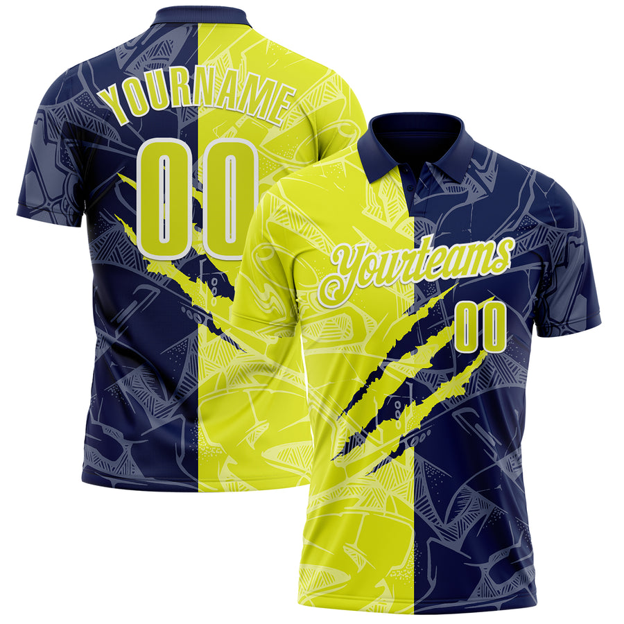 Custom Graffiti Pattern Neon Yellow Navy-White 3D Scratch Performance Polo Shirt