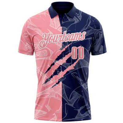 Custom Graffiti Pattern Medium Pink Navy-White 3D Scratch Performance Polo Shirt