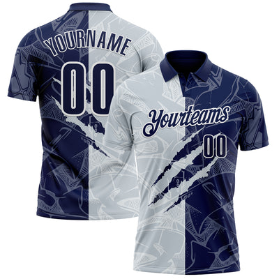 Custom Graffiti Pattern Navy Silver-White 3D Scratch Performance Polo Shirt