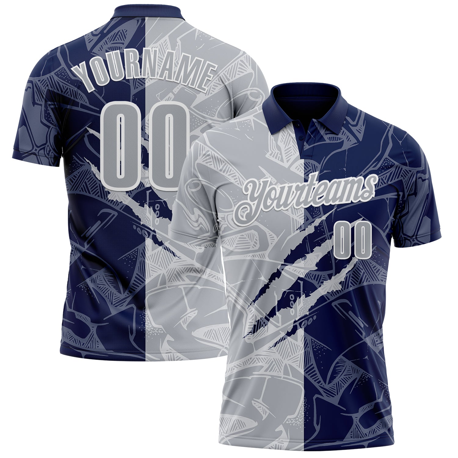 Custom Graffiti Pattern Gray Navy-White 3D Scratch Performance Polo Shirt
