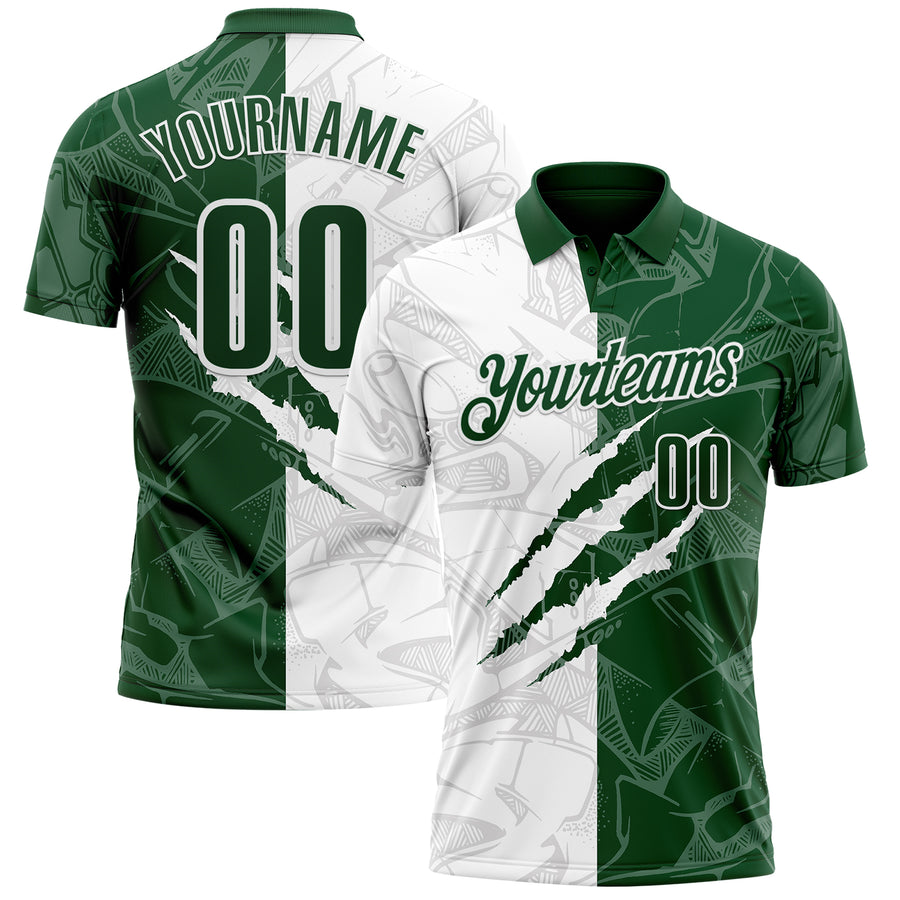 Custom Graffiti Pattern Green-White 3D Scratch Performance Polo Shirt