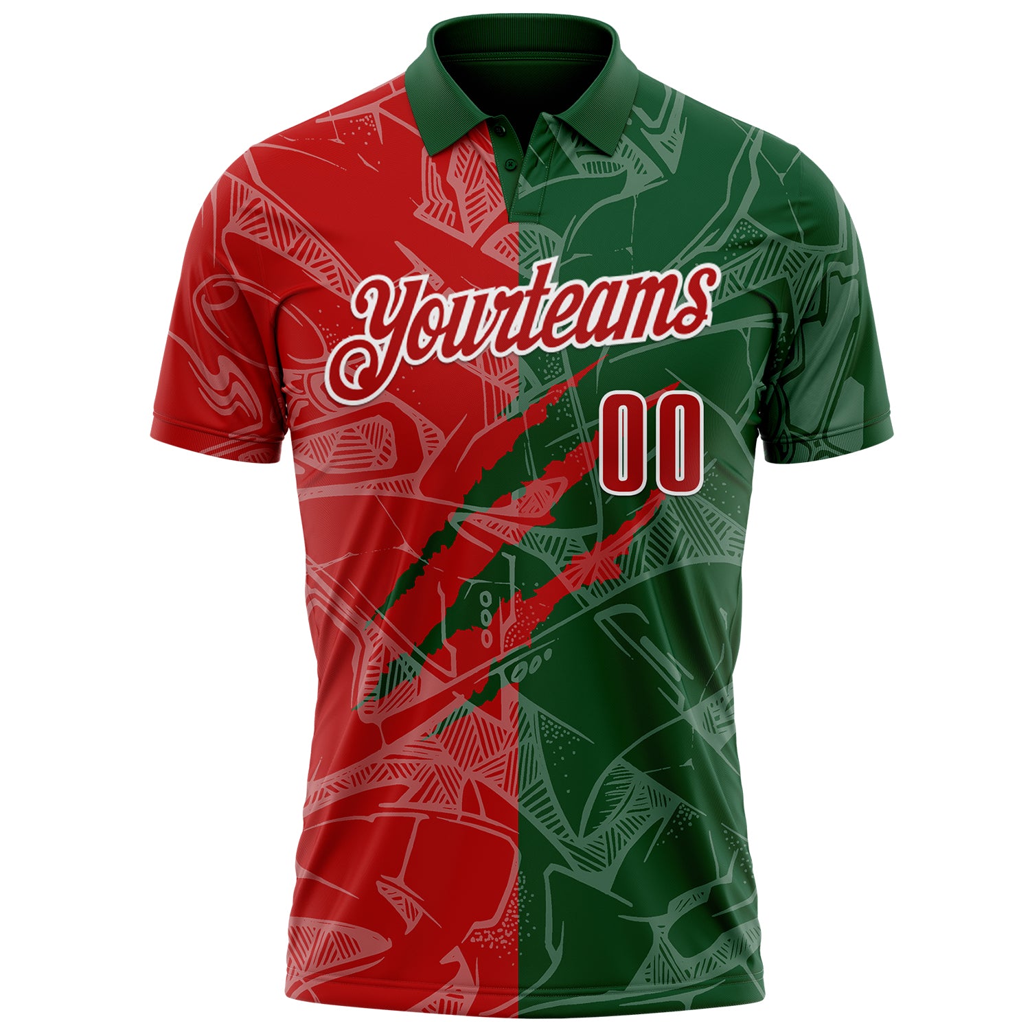 Custom Graffiti Pattern Red Green-White 3D Scratch Performance Polo Shirt