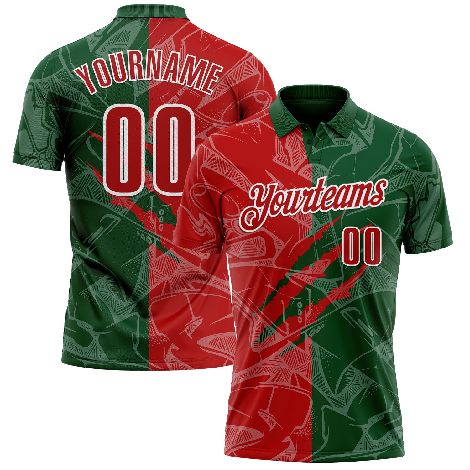 Custom Graffiti Pattern Red Green-White 3D Scratch Performance Polo Shirt