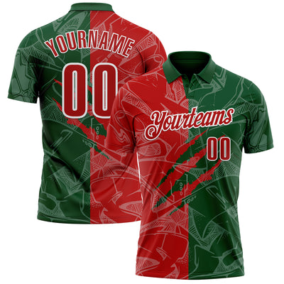 Custom Graffiti Pattern Red Green-White 3D Scratch Performance Polo Shirt