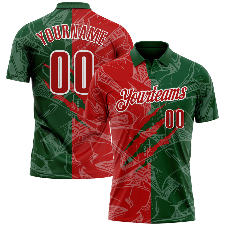 Custom Graffiti Pattern Red Green-White 3D Scratch Performance Polo Shirt