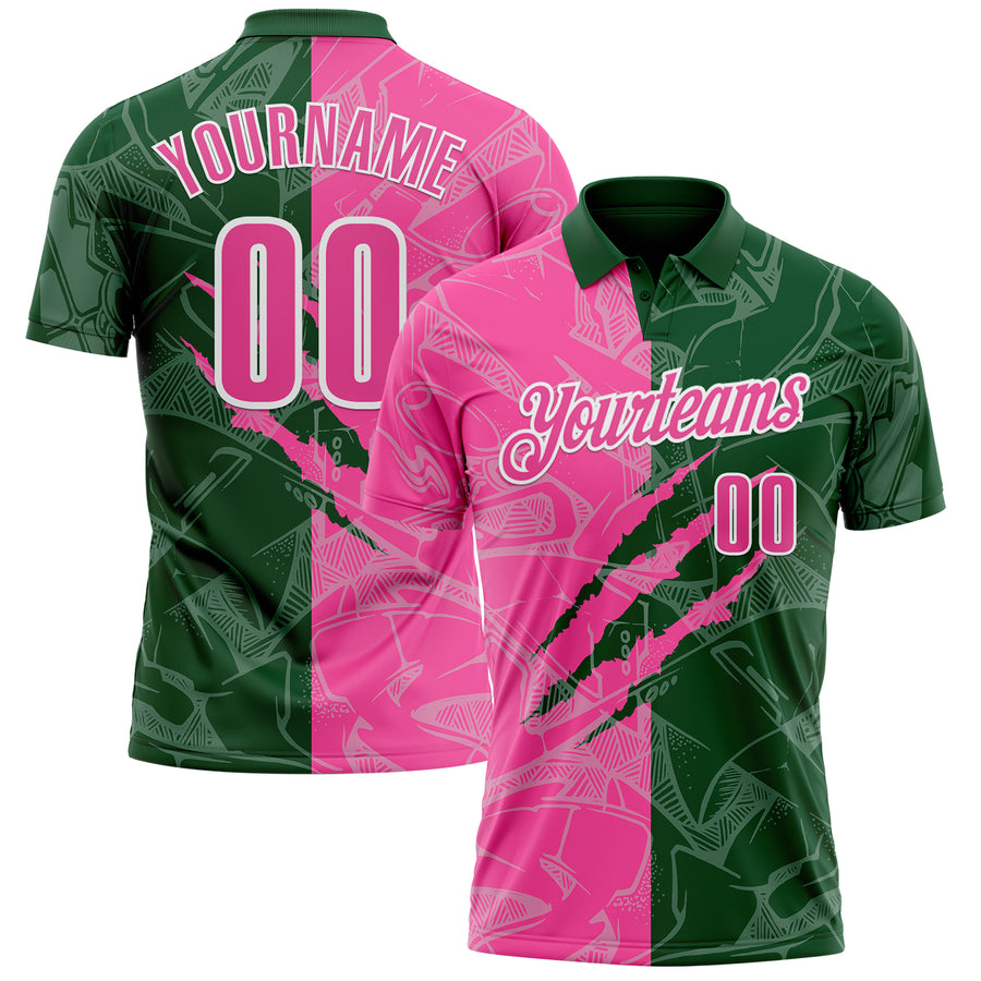 Custom Graffiti Pattern Pink Green-White 3D Scratch Performance Polo Shirt