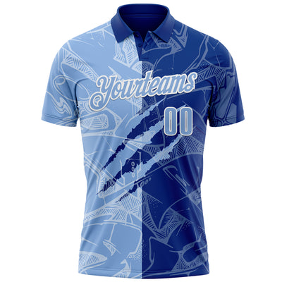Custom Graffiti Pattern Light Blue Royal-White 3D Scratch Performance Polo Shirt