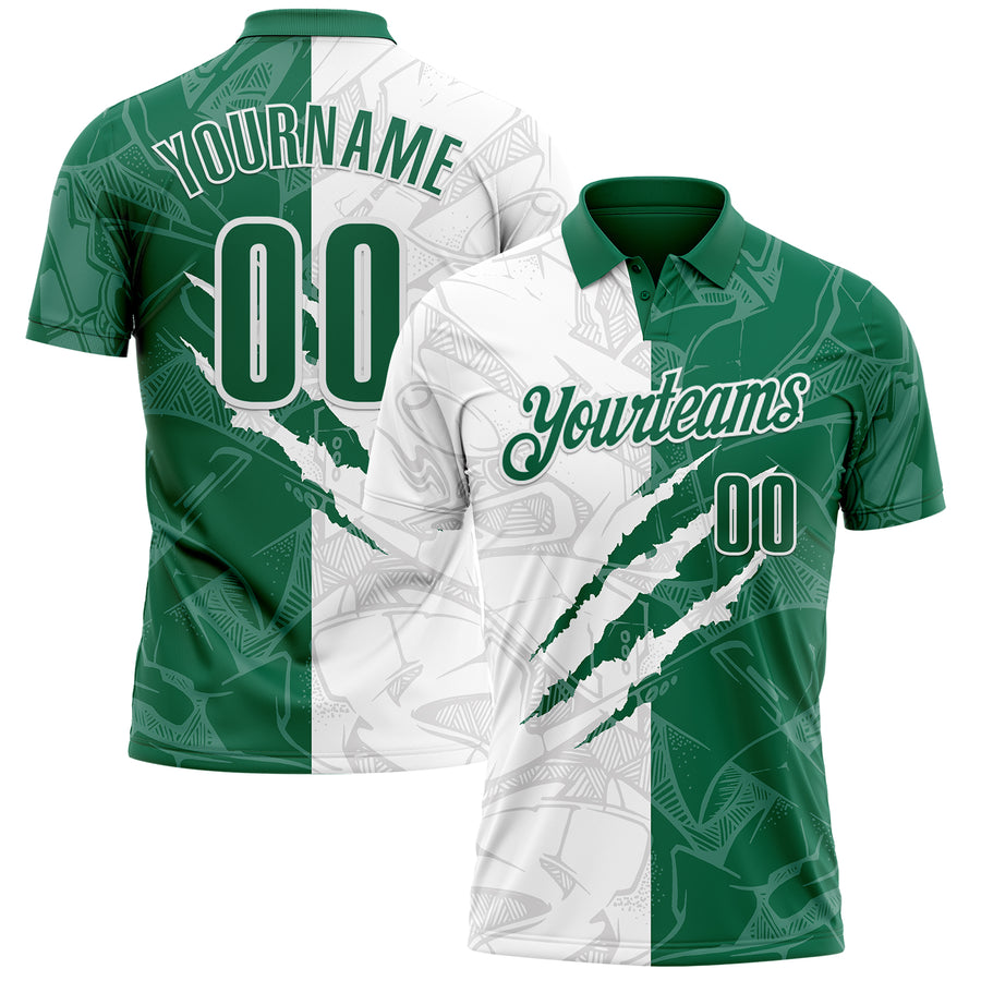 Custom Graffiti Pattern Kelly Green-White 3D Scratch Performance Polo Shirt