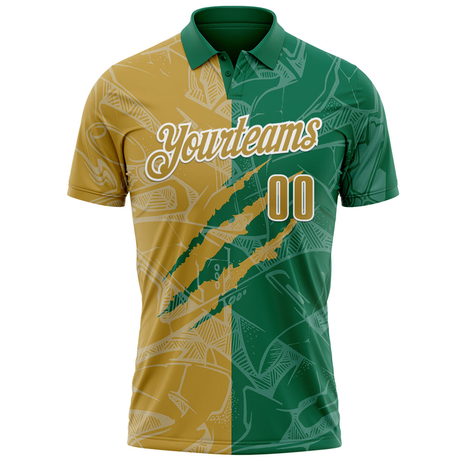 Custom Graffiti Pattern Old Gold Kelly Green-White 3D Scratch Performance Polo Shirt