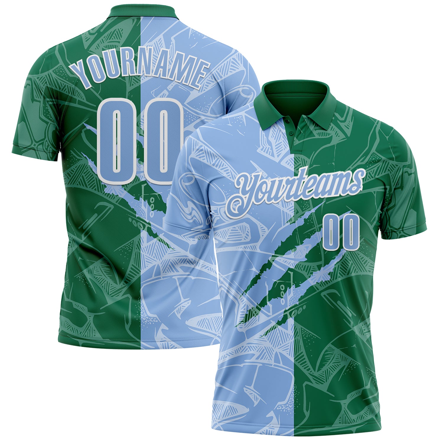 Custom Graffiti Pattern Light Blue Kelly Green-White 3D Scratch Performance Polo Shirt