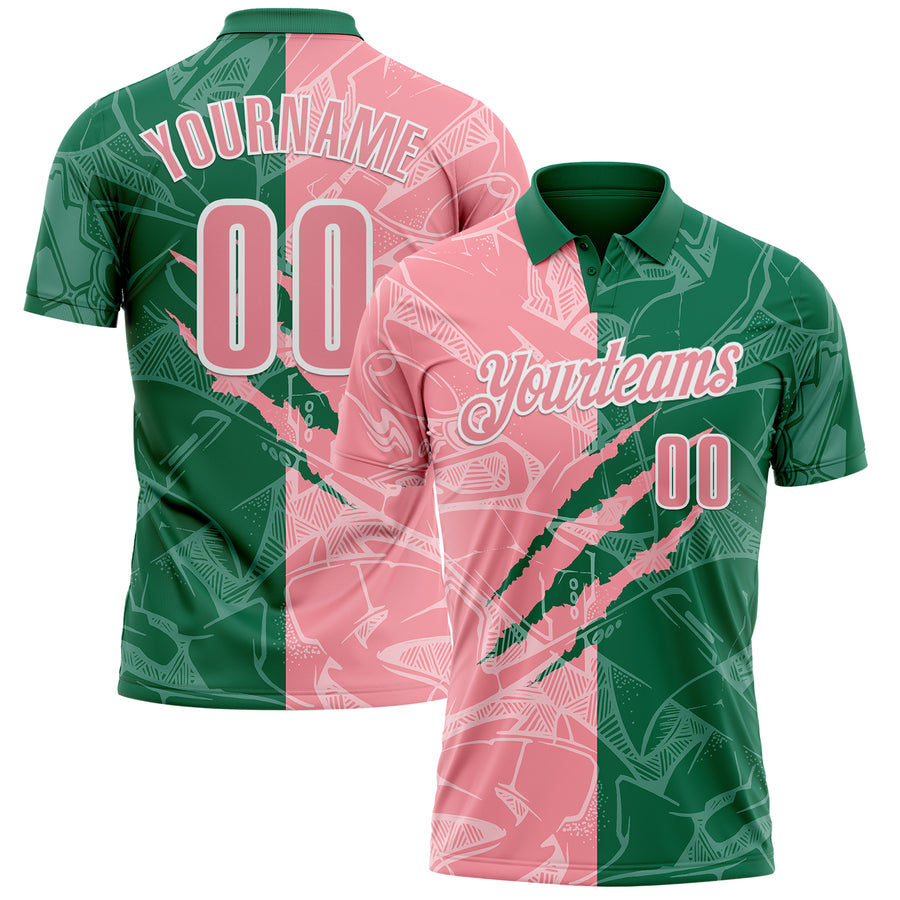 Custom Graffiti Pattern Medium Pink Kelly Green-White 3D Scratch Performance Polo Shirt
