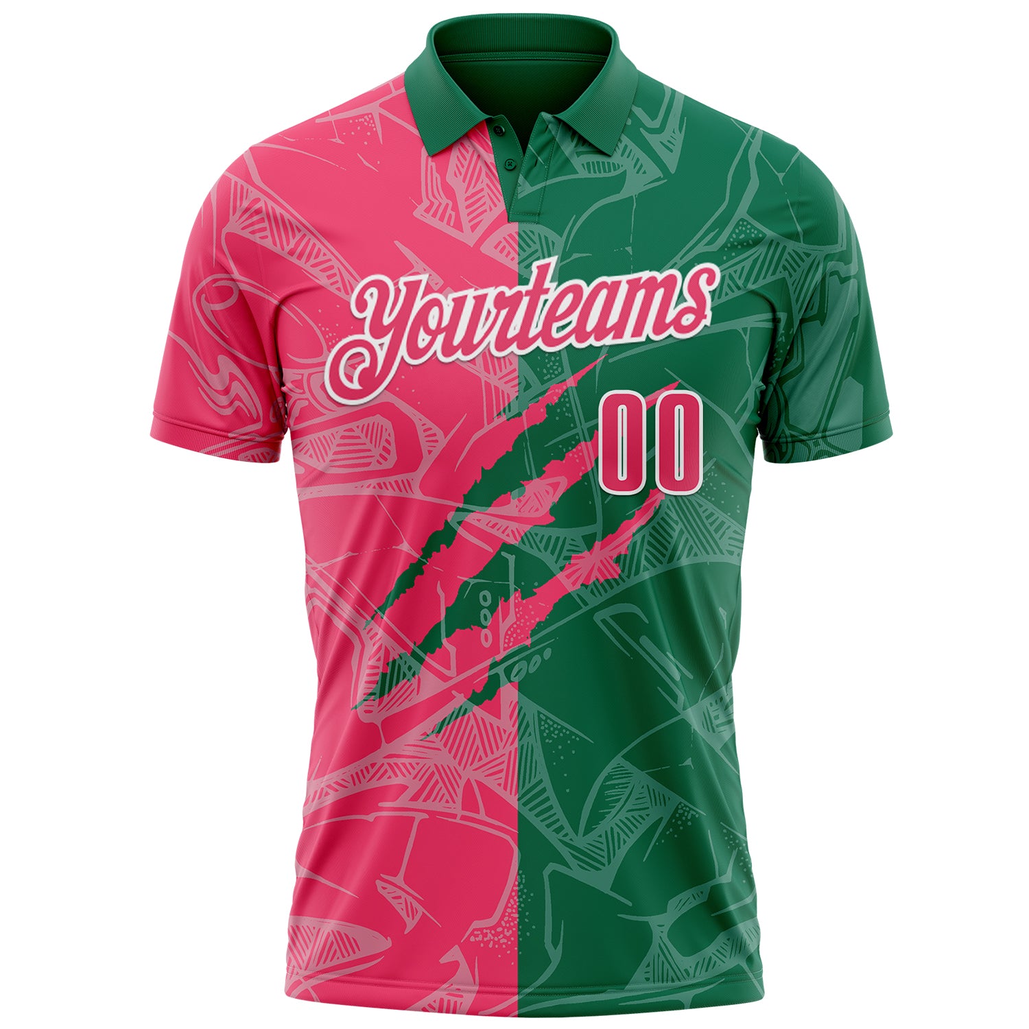 Custom Graffiti Pattern Neon Pink Kelly Green-White 3D Scratch Performance Polo Shirt