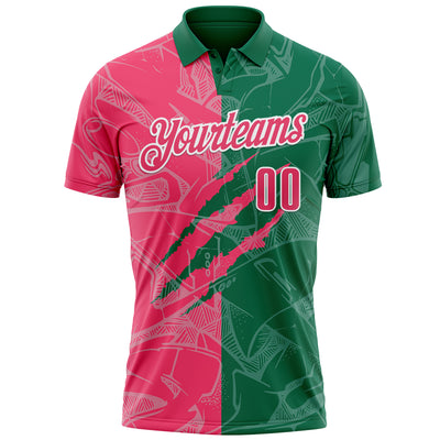 Custom Graffiti Pattern Neon Pink Kelly Green-White 3D Scratch Performance Polo Shirt