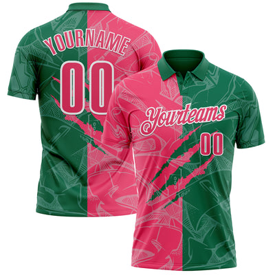 Custom Graffiti Pattern Neon Pink Kelly Green-White 3D Scratch Performance Polo Shirt