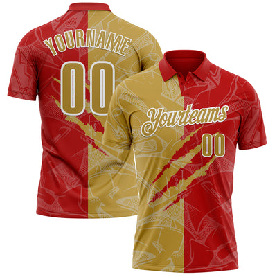 Custom Graffiti Pattern Old Gold Red-White 3D Scratch Performance Polo Shirt