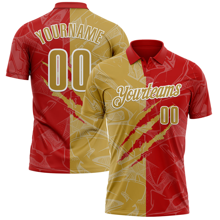 Custom Graffiti Pattern Old Gold Red-White 3D Scratch Performance Polo Shirt