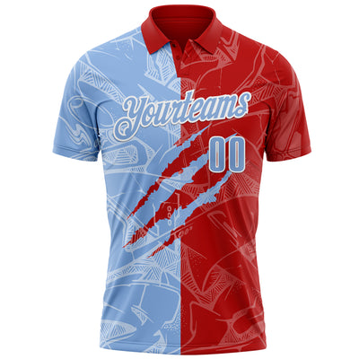 Custom Graffiti Pattern Light Blue Red-White 3D Scratch Performance Polo Shirt