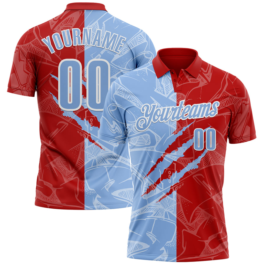Custom Graffiti Pattern Light Blue Red-White 3D Scratch Performance Polo Shirt