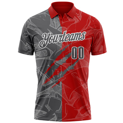 Custom Graffiti Pattern Steel Gray Red-White 3D Scratch Performance Polo Shirt