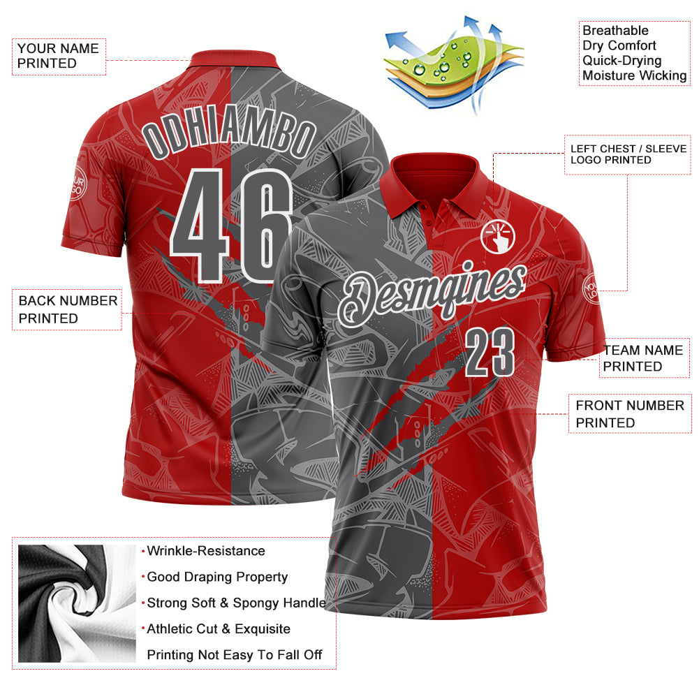 Custom Graffiti Pattern Steel Gray Red-White 3D Scratch Performance Polo Shirt