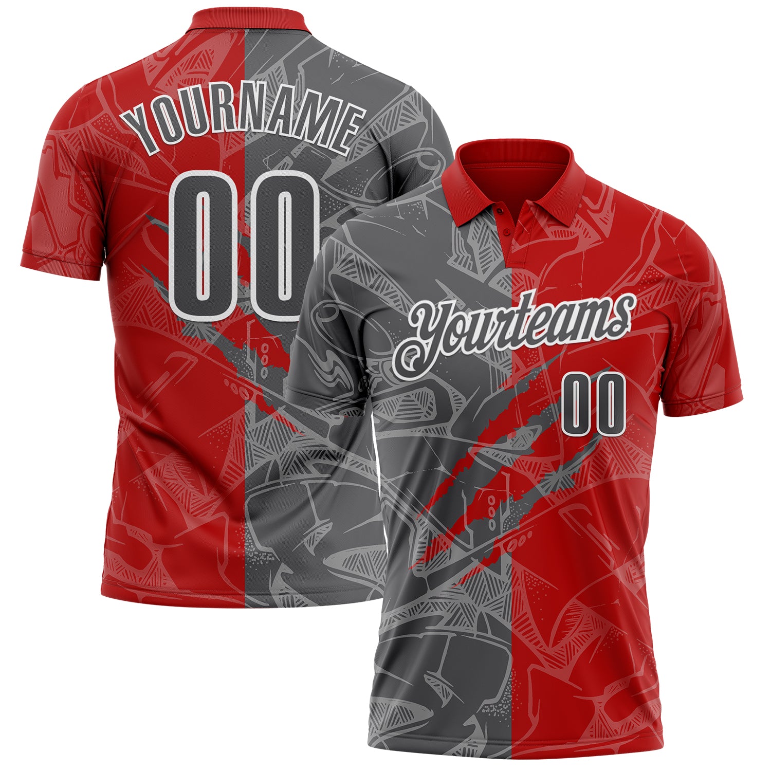 Custom Graffiti Pattern Steel Gray Red-White 3D Scratch Performance Polo Shirt