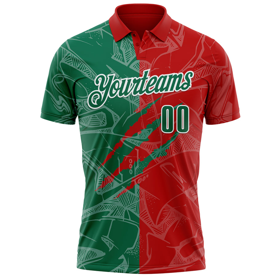 Custom Graffiti Pattern Kelly Green Red-White 3D Scratch Performance Polo Shirt
